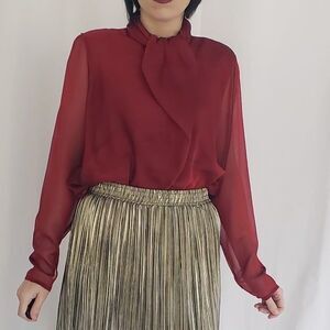90s Deadstock Red Casual Corner Silk Blouse